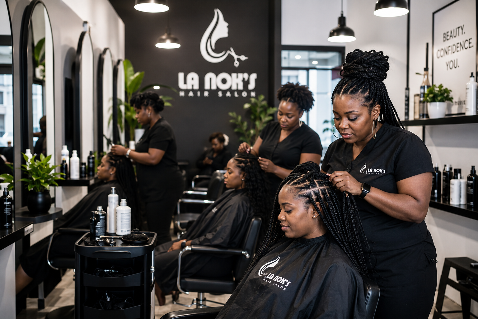 Stylists braiding hair at La Nok's Hair Salon